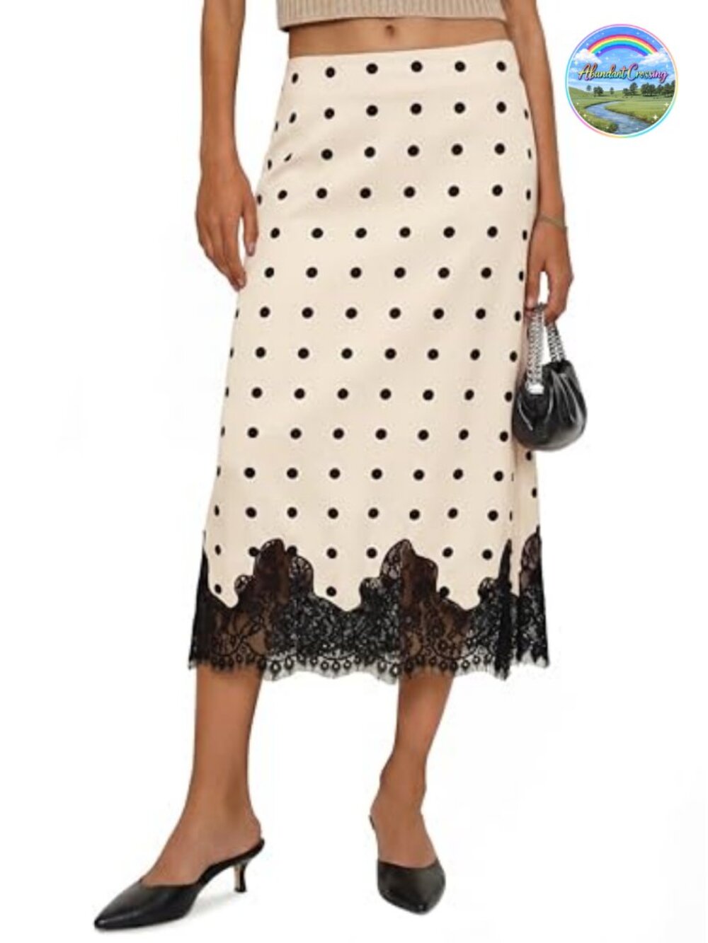 Women's Satin Midi Skirt High Waist Lace Hem A-Line Elegant